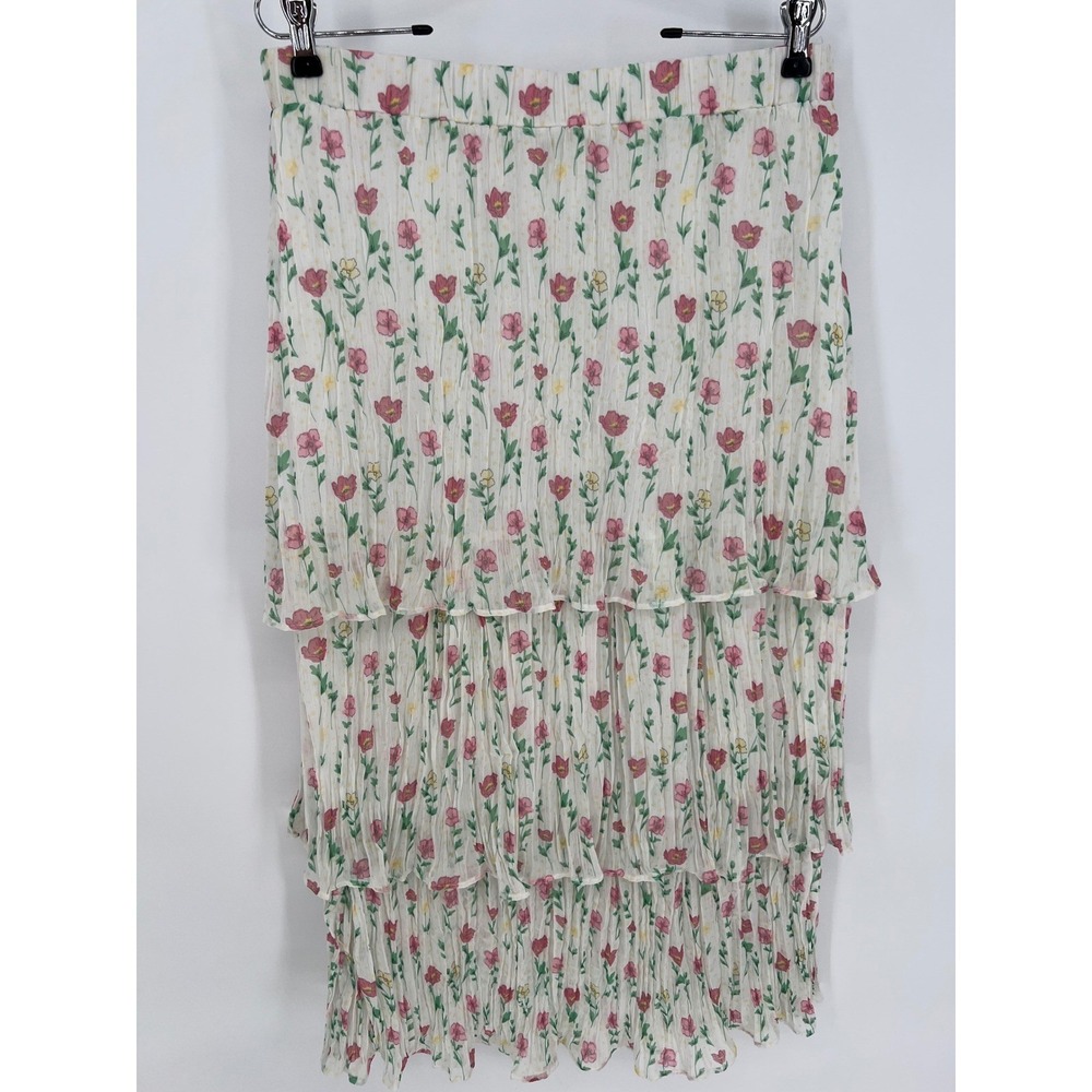UMGEE Floral Tiered Maxi Skirt Women L White Pink Pleated Lined Chiffon Cottage